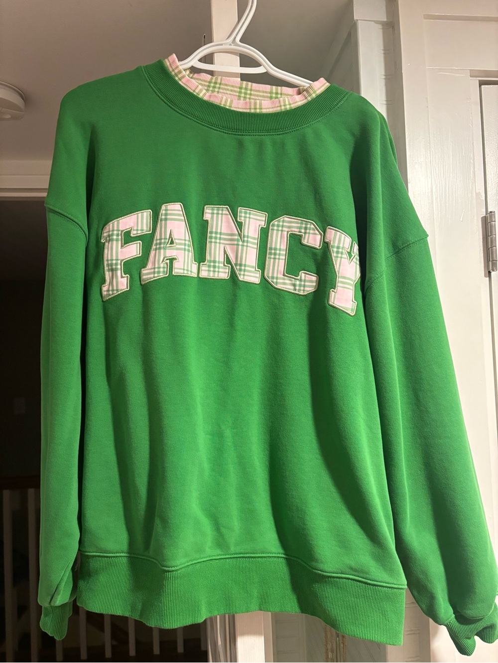 Green "FANCY" Plaid-Appliqué Crewneck Sweater -